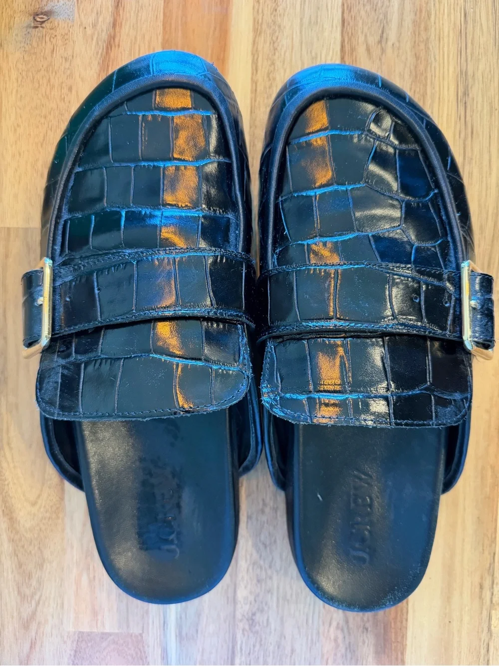 J.Crew Croc Embossed Leather Buckle Clogs Black Slide Sandals Size 10